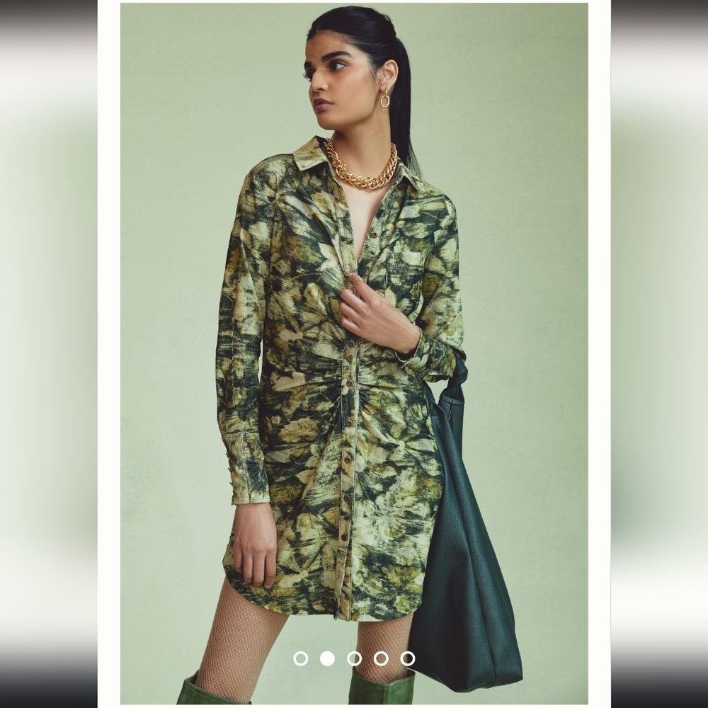 Anthropologie Green Abstract Print Long Sleeve Shirt Dress